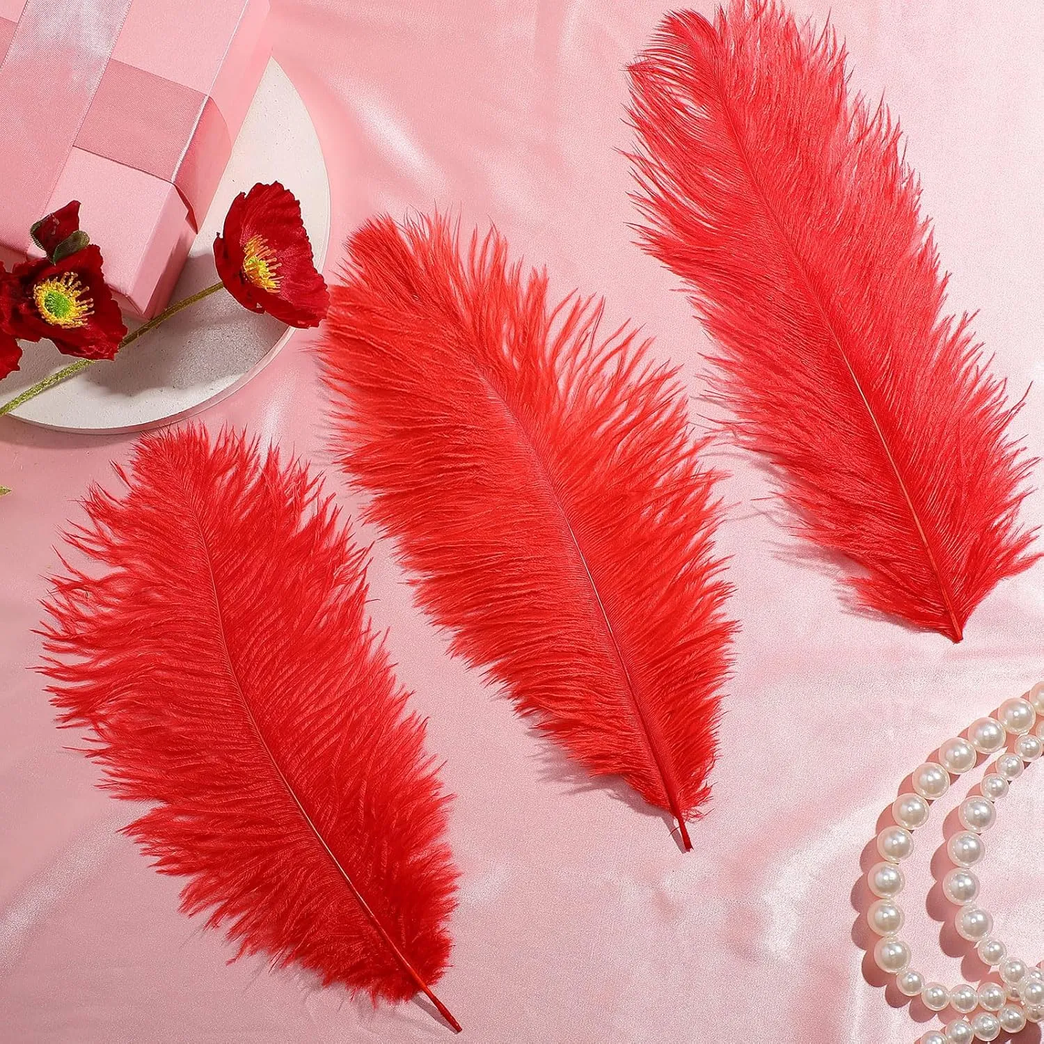 XunYee 60 Pcs Large Ostrich Feathers Bulk Natural Plumes for Centerpiece 18-20 Inch (45-50 cm) Feathers for DIY Crafts Christmas Wedding Party Decorations(Red)