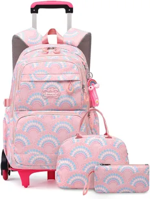 YJMKOI 3PCS Heart Print Rolling Backpack for Girls Colorful Elementary Trolley School Bags Kids Book Bags Set with wheels