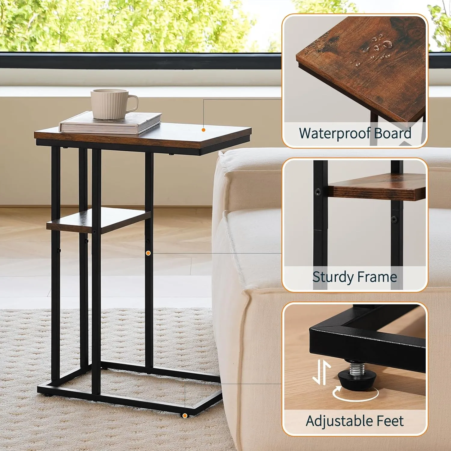 Yoobure C Shaped End Table, Side Table for Couch and Bed, Small Side Tables for Small Spaces, Living Room, Bedroom, Rustic Snack Tables