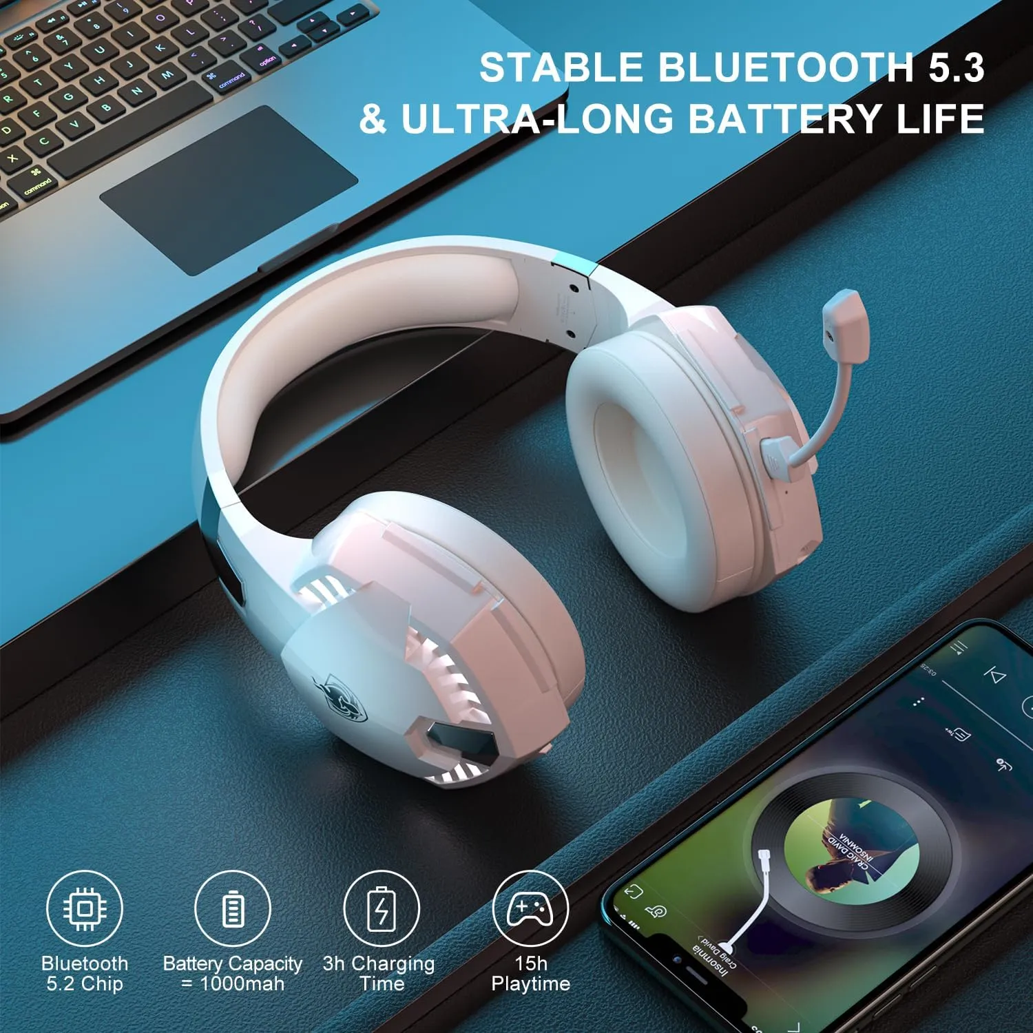 YOTMS PS5 Gaming Headset for PS4, PC, Switch, Gaming Over Ear Headphones with Detachable Noise Cancelling Mic, Bluetooth 5.3 Music Headphones only for Phone, Laptop, Tablet (White)