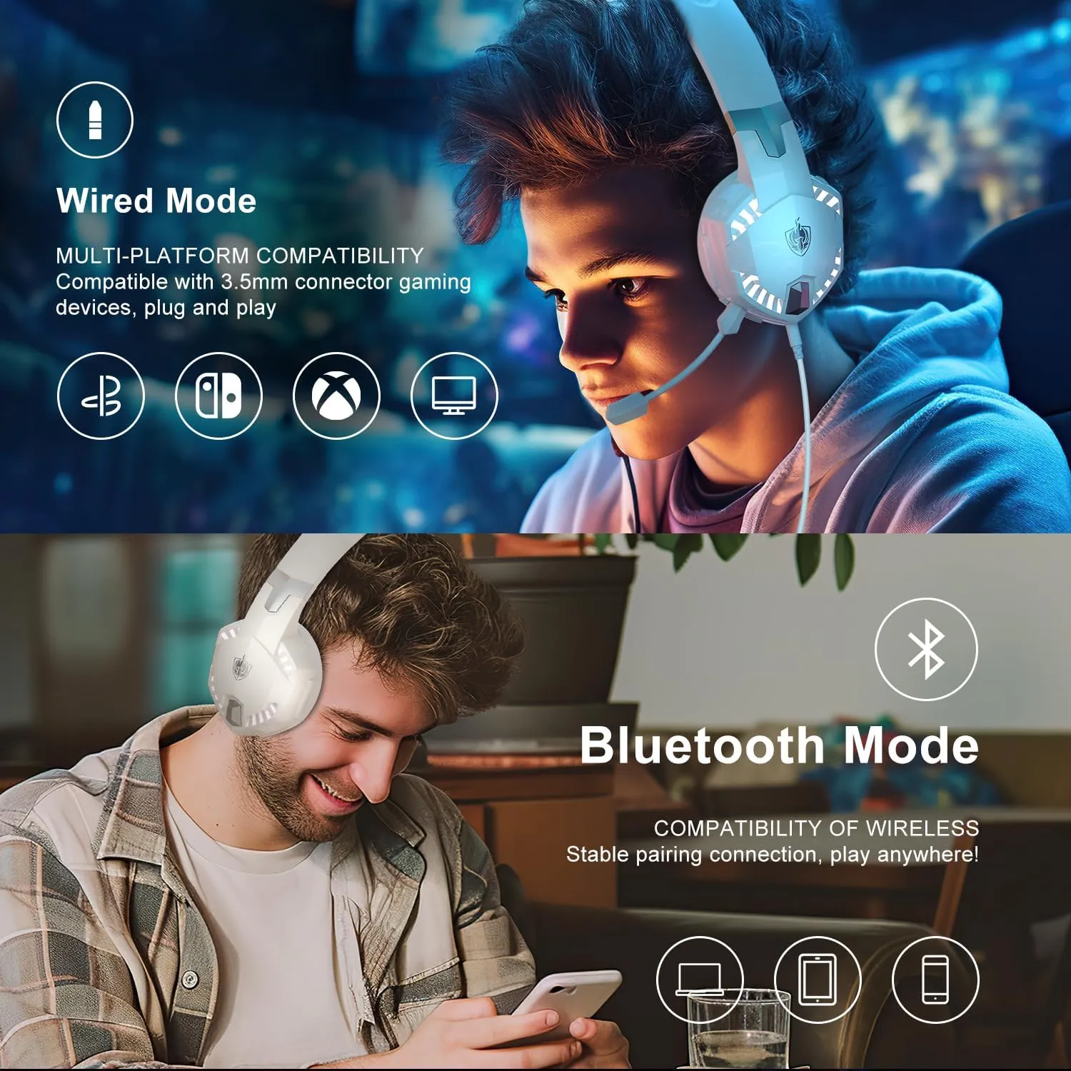YOTMS PS5 Gaming Headset for PS4, PC, Switch, Gaming Over Ear Headphones with Detachable Noise Cancelling Mic, Bluetooth 5.3 Music Headphones only for Phone, Laptop, Tablet (White)