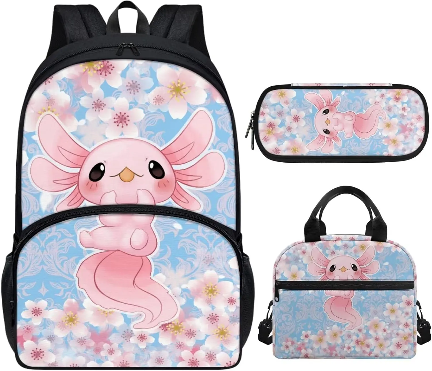 ZFRXIGN Flower Axolotl Backpack Girls with Lunch Tote Bag for Kids School Backpacks Bookbag Insulated Lunch Box Small Tote Pencil Case Pink Cherry Blossom Flower Blue
