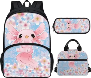 ZFRXIGN Flower Axolotl Backpack Girls with Lunch Tote Bag for Kids School Backpacks Bookbag Insulated Lunch Box Small Tote Pencil Case Pink Cherry Blossom Flower Blue