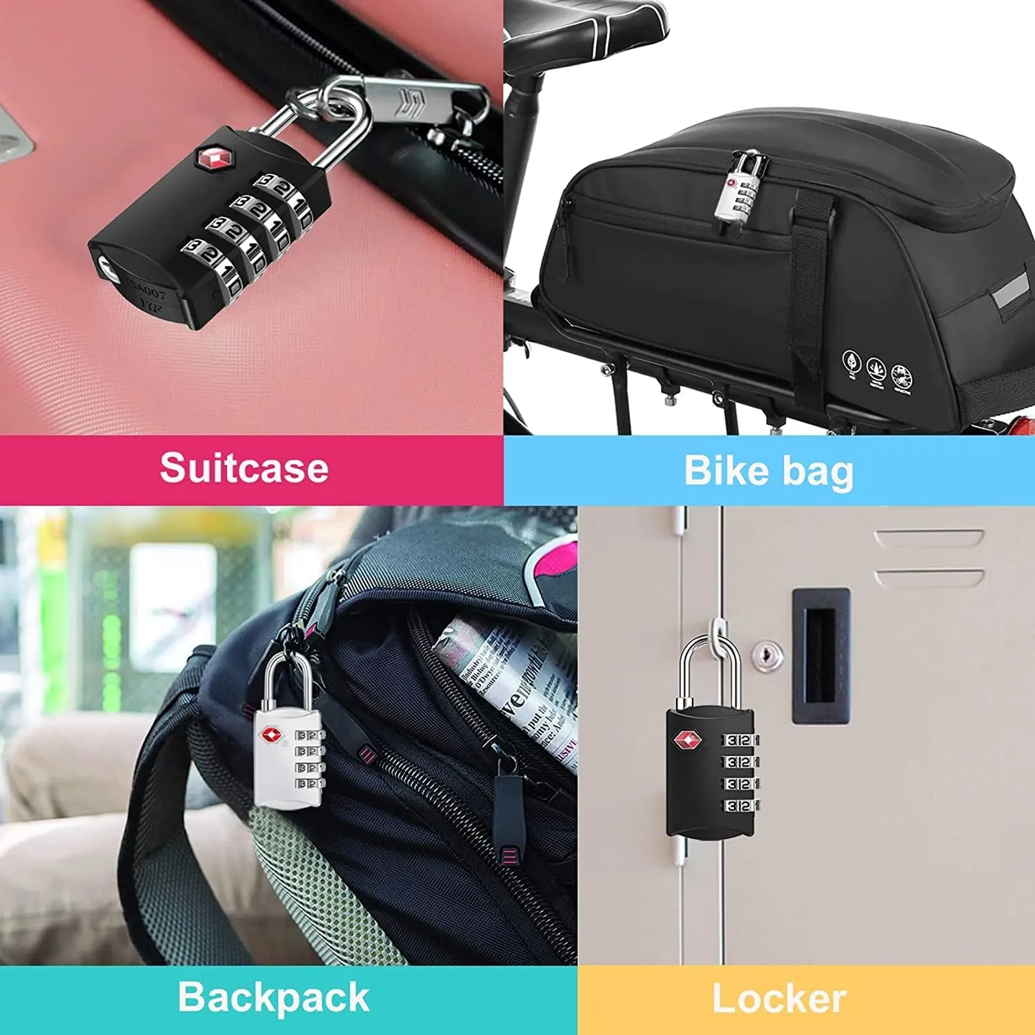 ZHEGE Luggage Locks, TSA Approved Travel Padlock for Suitcases, Baggage, 4 Digit Combination Zipper Locks for Backpacks, Tent, Gym Lockers (Black, 2 Pack)
