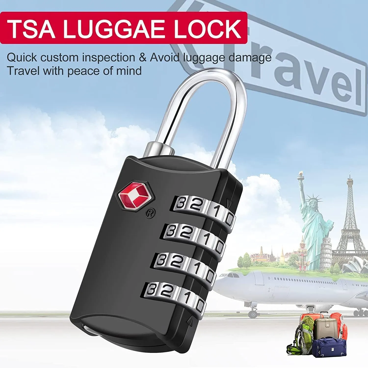 ZHEGE Luggage Locks, TSA Approved Travel Padlock for Suitcases, Baggage, 4 Digit Combination Zipper Locks for Backpacks, Tent, Gym Lockers (Black, 2 Pack)