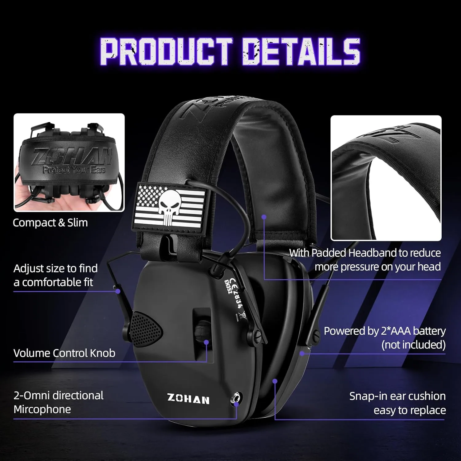 ZOHAN Electronic Shooting Earmuffs, Hearing Protection Shooters, NRR 23dB Noise Reduction Gun Range Ear Protection Headphones