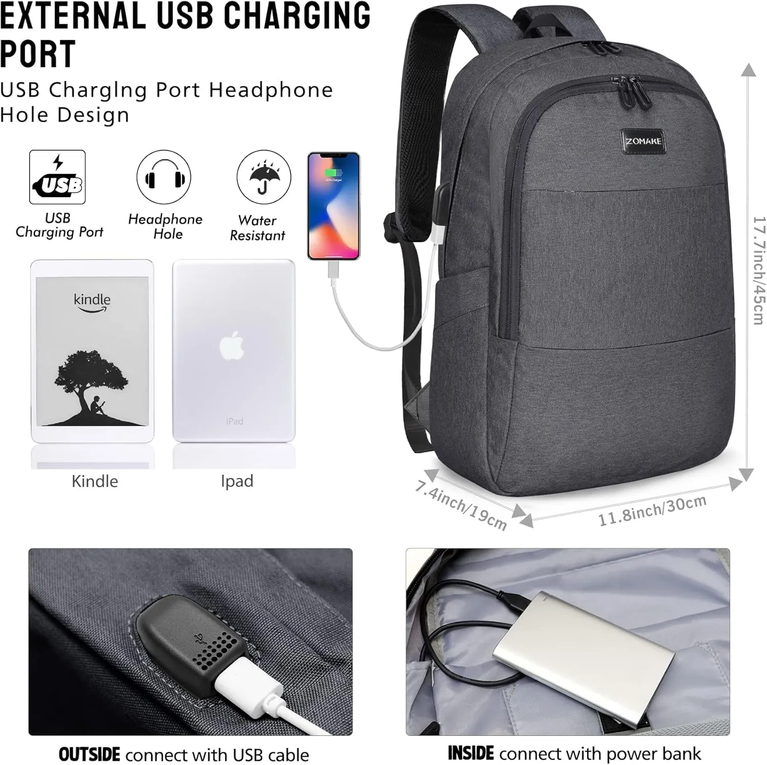 ZOMAKE Travel Laptop Backpack Water Resistant Anti-Theft Bag with USB Charging Port and Lock 14/15.6Inch Computer Business Backpacks Gift for Men Women(15.6 IN,A-Black)