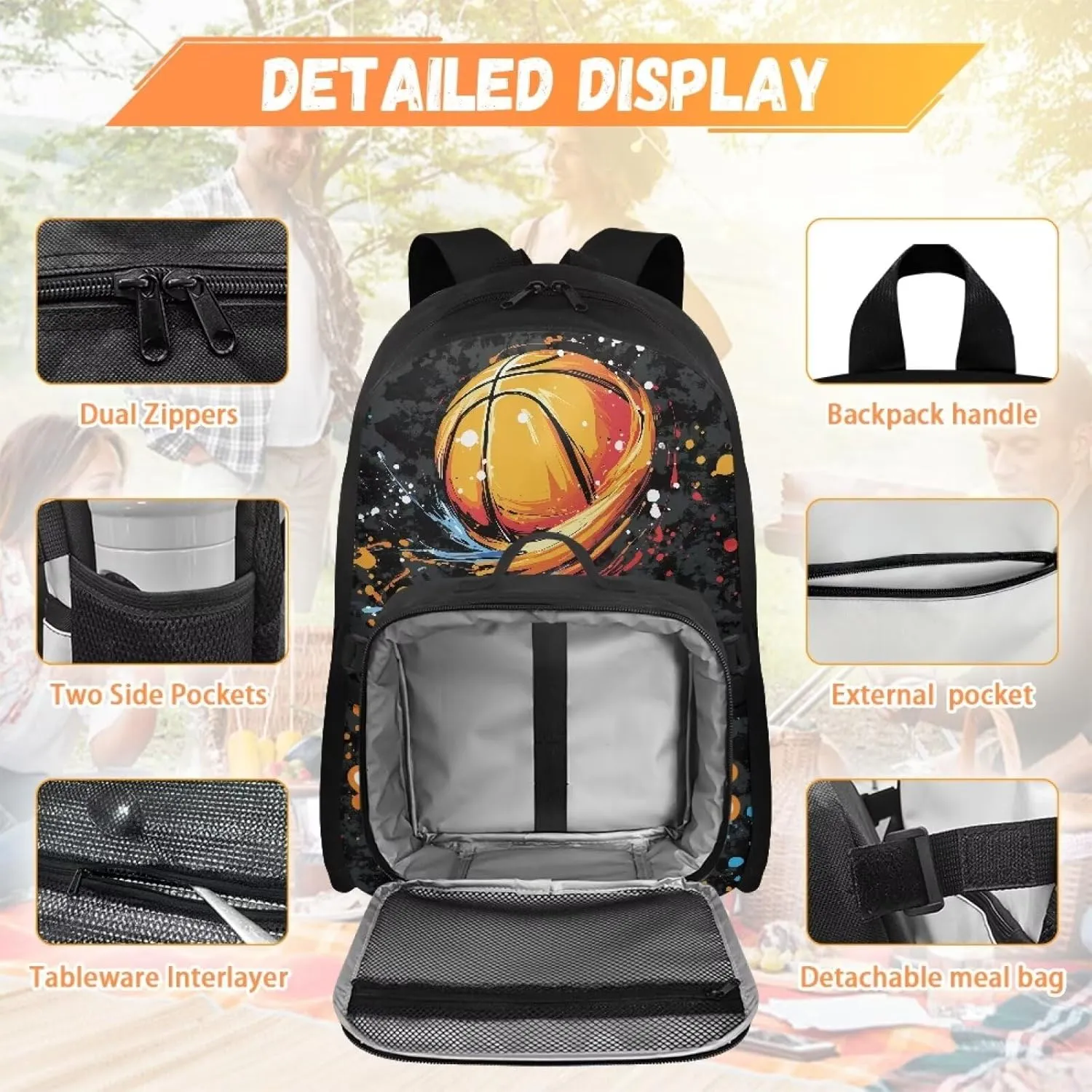 ZOUTAIRONG Kids Backpacks for Boys, Colored Inkjet Basketball Design Personalized Large Capacity School Bag and Removable Dining Bag, Casual Bookbag with Side Pockets