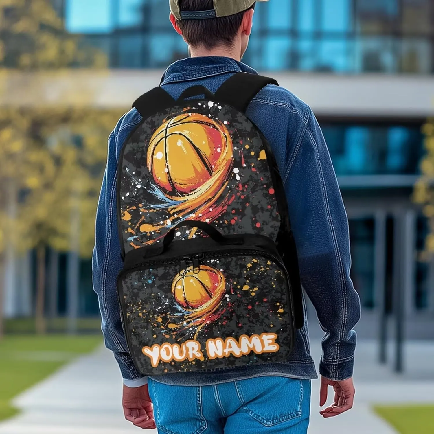 ZOUTAIRONG Kids Backpacks for Boys, Colored Inkjet Basketball Design Personalized Large Capacity School Bag and Removable Dining Bag, Casual Bookbag with Side Pockets