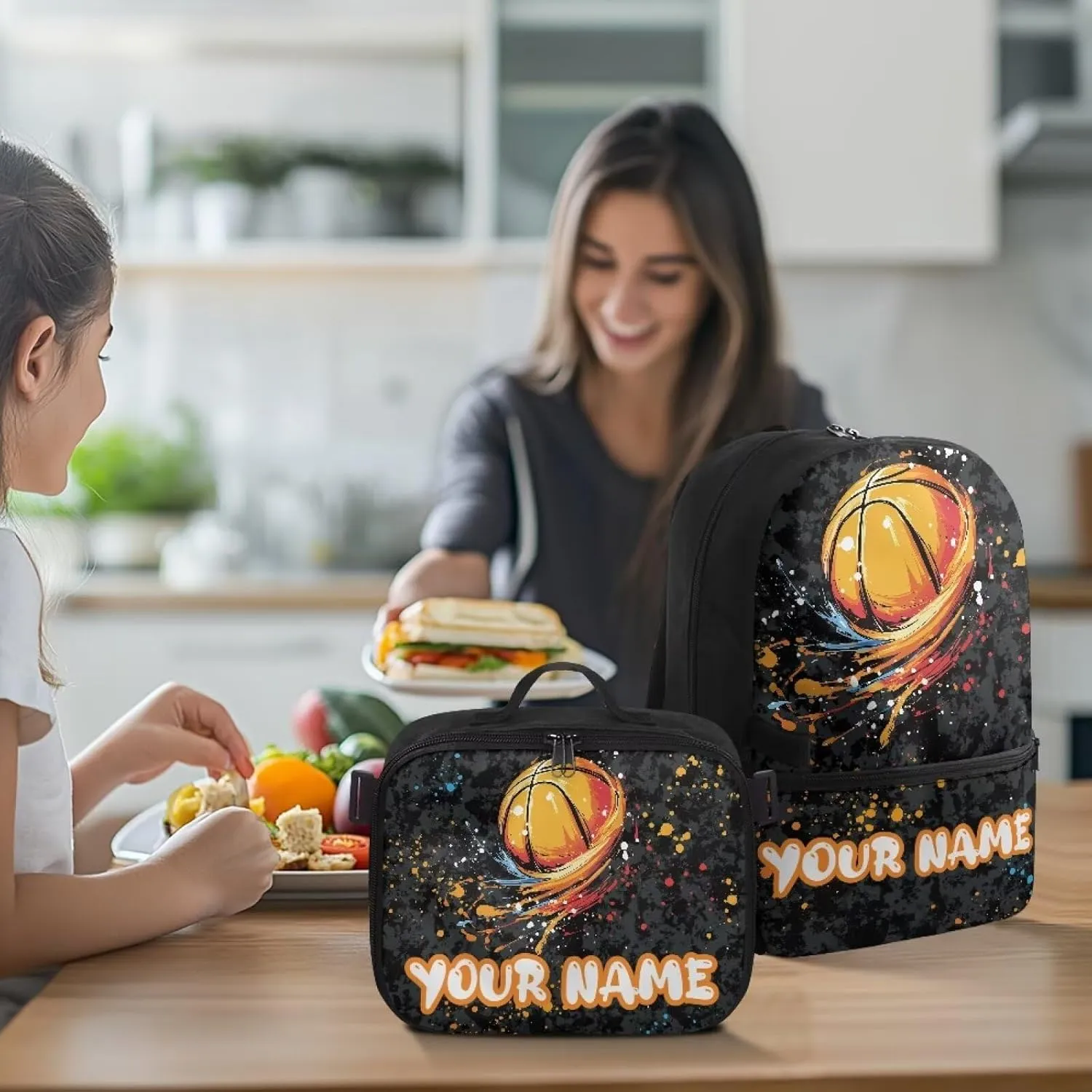 ZOUTAIRONG Kids Backpacks for Boys, Colored Inkjet Basketball Design Personalized Large Capacity School Bag and Removable Dining Bag, Casual Bookbag with Side Pockets