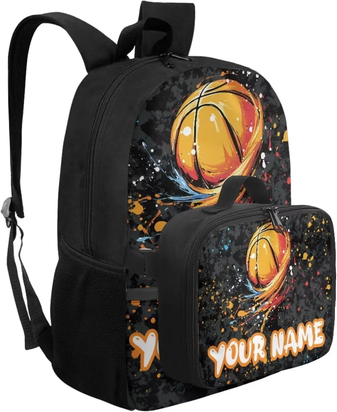 ZOUTAIRONG Kids Backpacks for Boys, Colored Inkjet Basketball Design Personalized Large Capacity School Bag and Removable Dining Bag, Casual Bookbag with Side Pockets