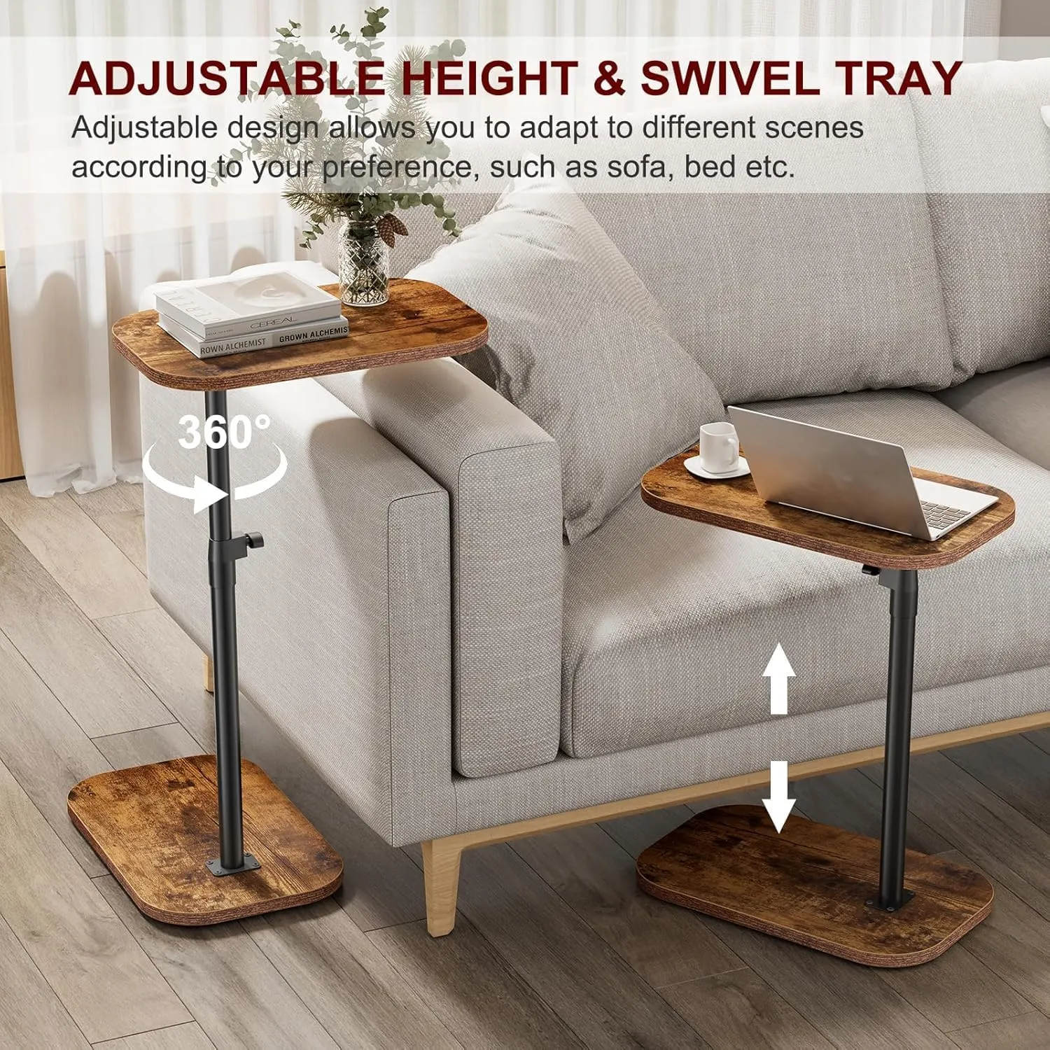 ZUJJAFY Tv Tray Table Adjustable Height C Shaped End Table for Couch, Swivel Side Table for Drinks, Snacks and Small Space, Rustic Brown Wood Couch Arm Table Tray for Sofa, Bed or Chair