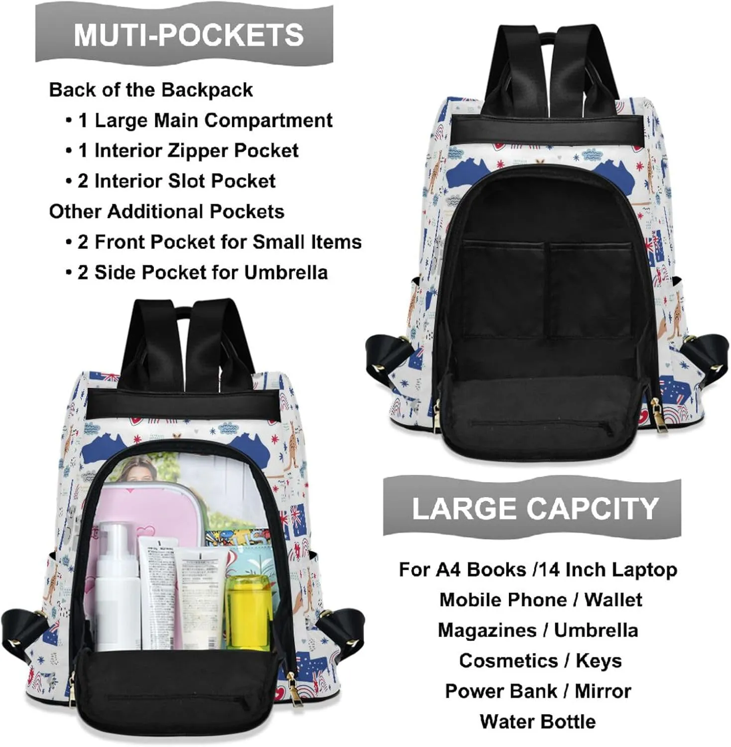 ZZKKO Australia Icons Kangaroo Backpack Purse for Women Rucksack Anti Theft Fashion Travel Lightweight Ladies Shoulder Bag